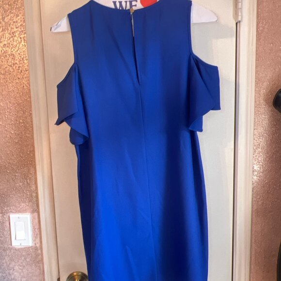 Cold Shoulder Royal Blue Dress With Ruffle Sleeves & Back Zipper Closure - Picture 4 of 5